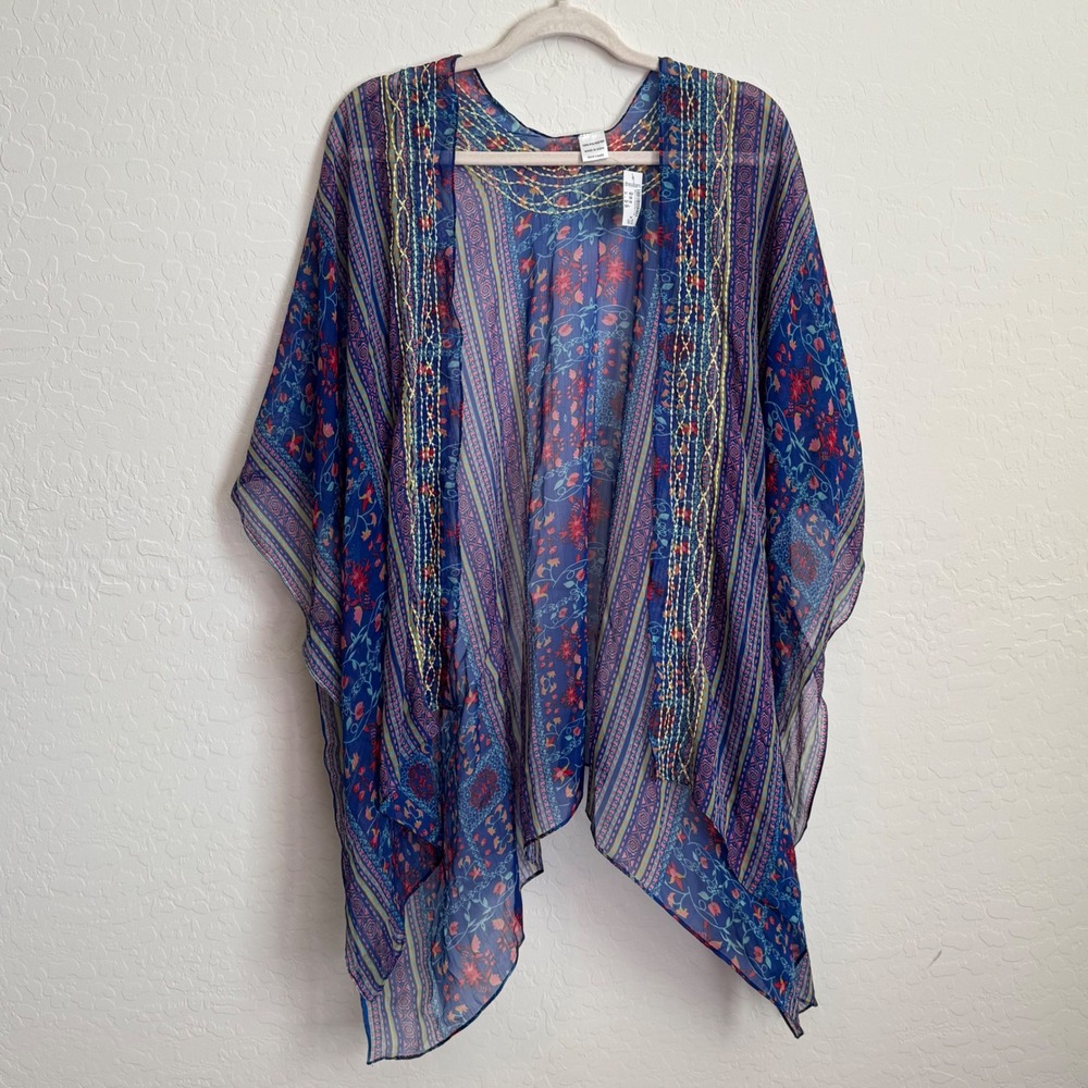 Dressbarn Blue Floral Embroidered Chiffon Kimono Wrap Cover Up One Size NWT